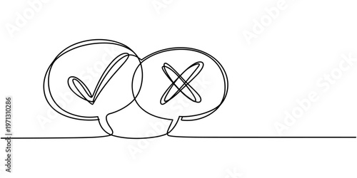 Check Mark and Cross Mark in Speech Bubbles continuous one line drawing, Speech bubbles with checkmark. Feedback, talk, confirmation, approval, pro.