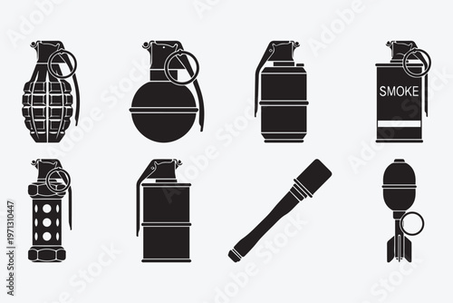 Grenade silhouettes icons set, military explosive weapon collection vector illustration