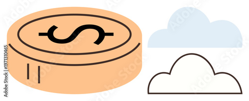 Cloud technology, digital currency, financial services, digital economy, data storage, online transactions. Coin with dollar symbol next to two cloud icons. Cloud technology and digital currency