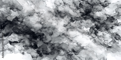 An abstract black and white grunge background featuring textured smoke and fluffy white clouds floating through a dark atmospheric sky with a vintage paper feel