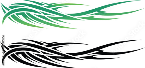 A tribal dragon tattoo design featuring blue and green vector swirls and wave patterns as a stylized line art illustration for a decorative wallpaper backdrop