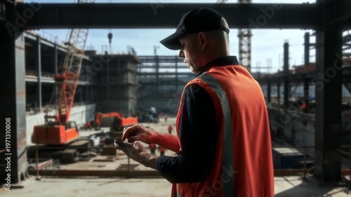 Construction Supervisor Surveying. Construction Site Manager Reviewing Ongoing Project And Safety Measures