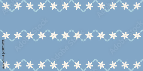 Geometric pattern seamless white jasmine flowers with light blue leaves zigzag wave pattern on blue background. Design for fabric, Background, Wallpaper, Vector Illustration.