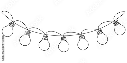 Festoon, garland with bulbs drawing with one continuous line. Festive, Christmas garland in simple linear style. Split frame for design for banner, background. Vector editable illustration