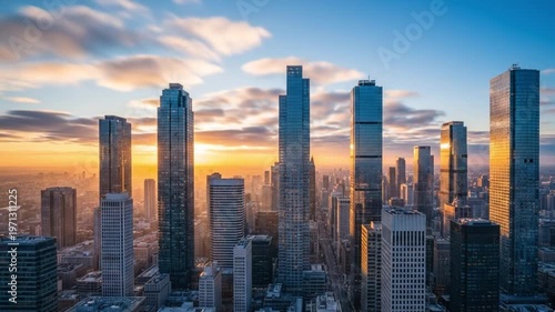 A breathtaking city skyline featuring tall skyscrapers under a dramatic sky. Sunset colors enhance the beauty of urban architecture and modern development.