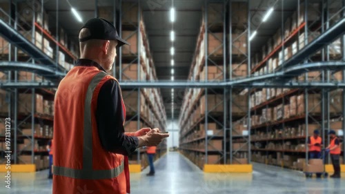 Supervisor Monitors Warehouse Tasks. Coordinator Manages Busy Stockroom With Digital Tracking System