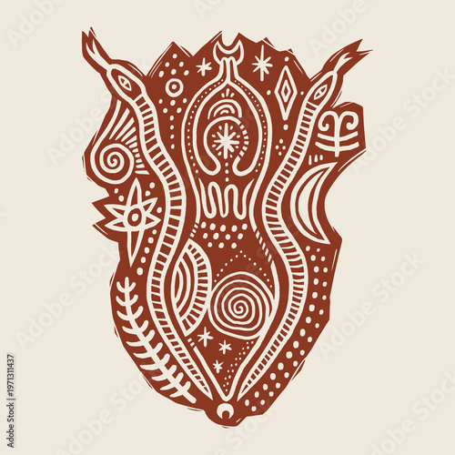 Minimalist Neolithic Mother Goddess, vector clip-art boho sacred feminine abstract figures in linocut engraving style, nature grounding illustration