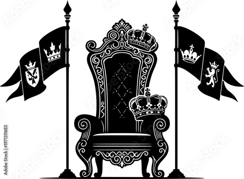 Elegant royal throne with crowns and flags in intricate black flat illustration style isolated on white background
