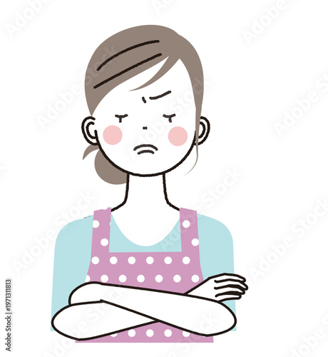エプロンをした女性　腕組みをして怒っている女性