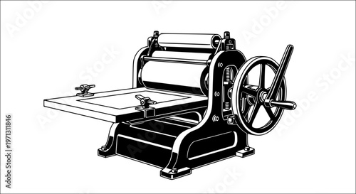 Vintage flatbed printing press in black and white flat illustration style isolated on white background
