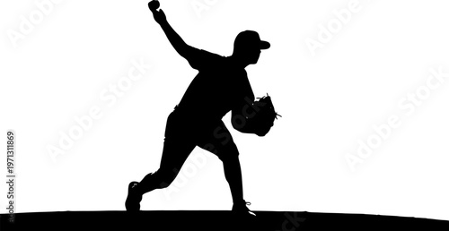 Black silhouette of baseball player pitching against white background
