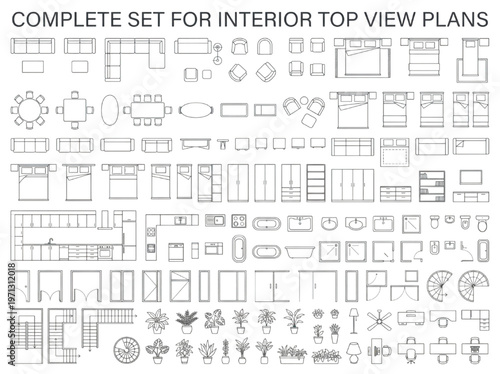 Complete Set of Top View Interior Design Elements and Furniture Symbols for CAD Floor Plans