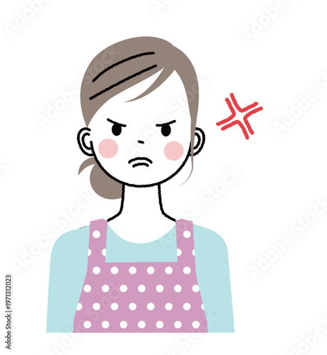 エプロンをした女性　怖い顔で怒っている女性