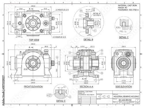 Comprehensive technical engineering blueprint illustrating a detailed industrial bearing housing assembly with precise dimensional specifications for manufacturing and design purposes