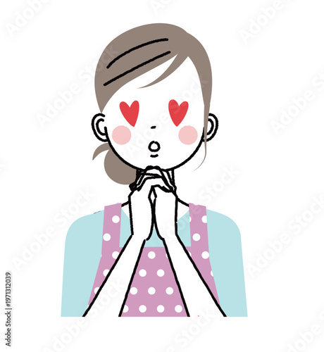 エプロンをした女性　うっとりとして目がハートになっている女性