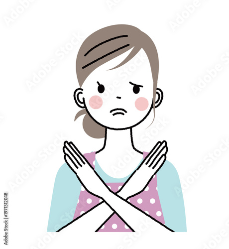 エプロンをした女性　手でバツのポーズをしている女性