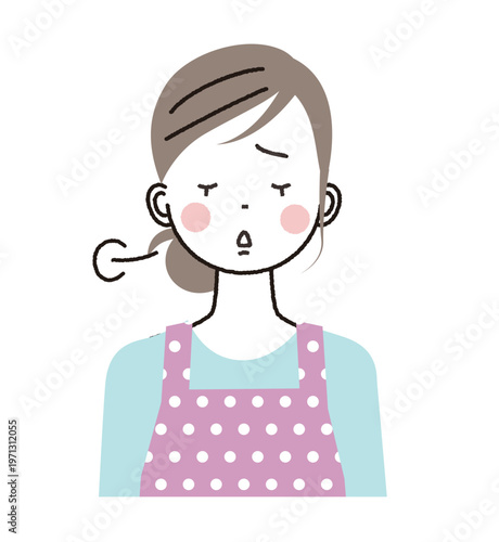 エプロンをした女性　ため息をついている女性