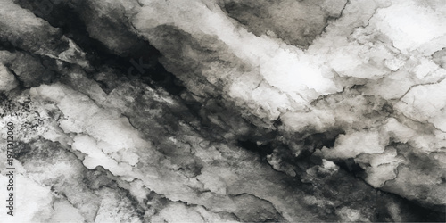 A dark abstract landscape features an old stone wall texture merging with a storm of black and white clouds under a faint moonlit sky