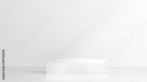 3D glass transparent crystal. Empty cylindrical pedestal. 3D cylinder and cube glass platforms set background. Vector realistic illustration of transparent plastic round and square