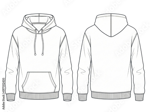 Front and back view of a white outline of a casual hooded sweatshirt with a front pocket and drawstring