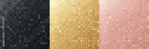 Abstract mosaic square pattern backgrounds in black gold and pink hues. Collection of abstract mosaic square pattern backgrounds in black gold and pink tones featuring geometric pixel textures and mod