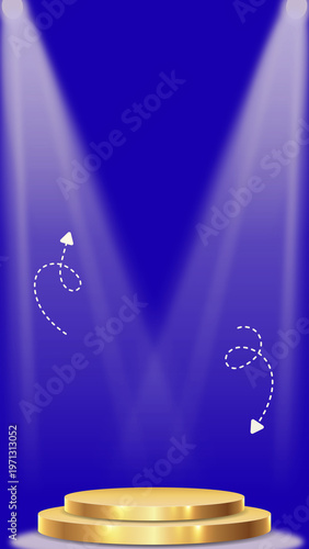 A premium 3D golden pedestal or product stage centered on a deep blue background. The scene is illuminated by two powerful diagonal white spotlights from the top corners, creating a dramatic and elega