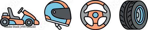 Go Kart Racing Elements, Helmet, Steering Wheel and Tire
