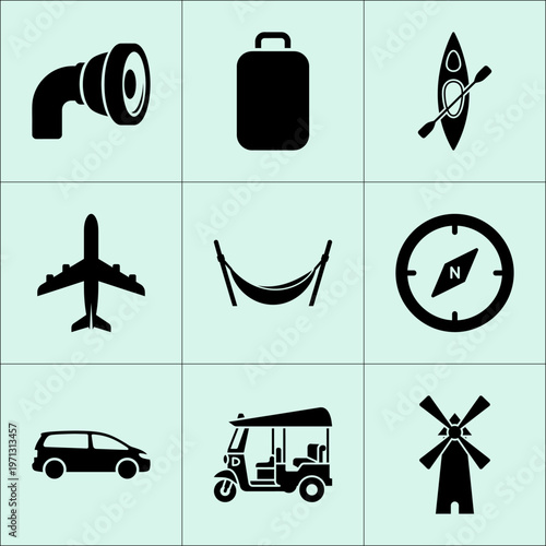 Nine black travel icons on mint green including camera suitcase kayak airplane and compass