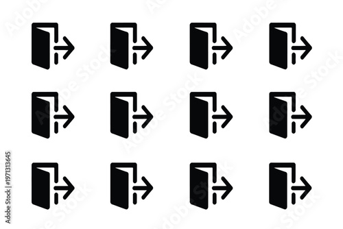 Twelve identical black exit door arranged in a grid pattern