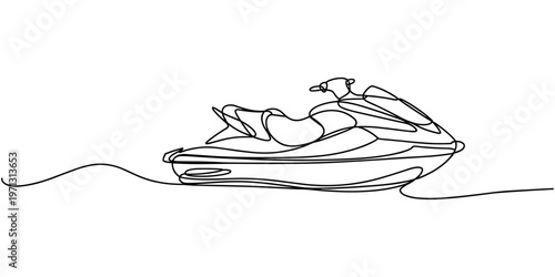 jet ski continuous one line drawing, Healthy lifestyle sport concept. Happy tourist vacation. self drawing of single continuous line draw young.