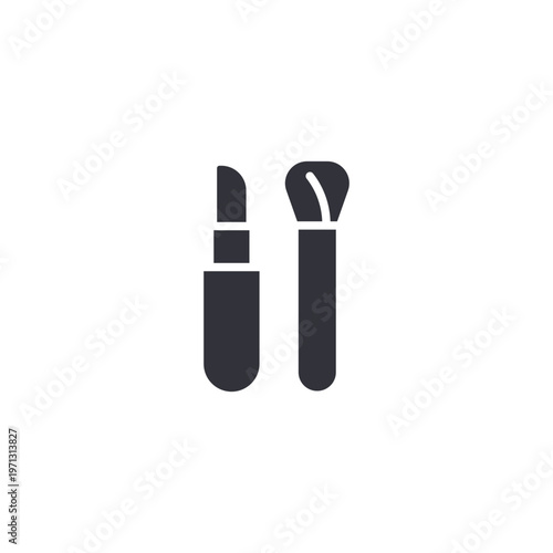 Cosmetics tools icon featuring makeup brush and lipstick, symbolizing beauty services, personal care, fashion industry, and professional makeup applications.