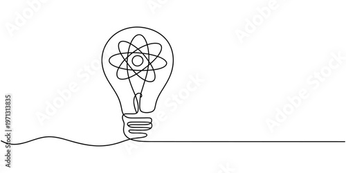 Light Bulb with Atom Model Inside Representing Scientific Innovation continuous one line drawing, Simple line drawing of a lightbulb with atom symbol inside, Bulb, atoms, innovation icon. Simple line,