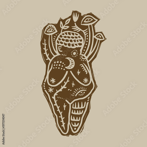 The Paleolithic Mother minimalist Venus of Willendorf linocut with mushrooms hand drawn sketch of stone obese female figurine isolated boho clipart. Sacred woman symbol of fertility matriarch earthy