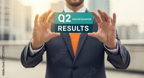 Confident businessman in charcoal suit and orange tie presents second quarter results on a stylized card outdoors, highlighting positive financial outcomes