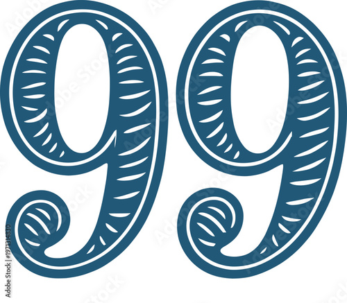 Blue vintage-style ink of the number 99 with textured details