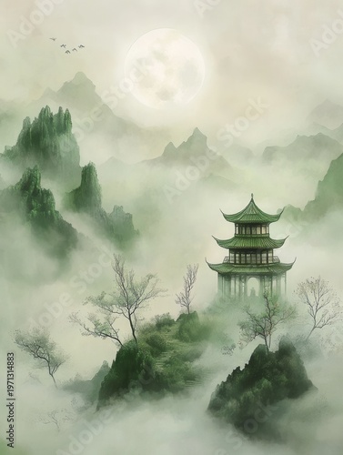 Serene Pagoda in Misty Mountains
