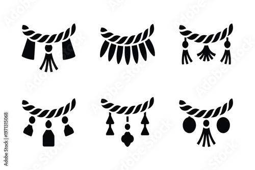 Six black silhouette of decorative twisted ropes with hanging tassels and ornaments