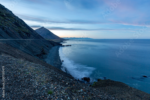 Ocean unfolds beneath the open sky across Eastern Iceland, 30 seconds long exposure