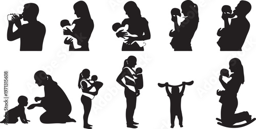 parents caring baby feeding holding silhouette set black