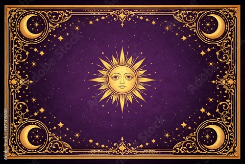 Tarot Card Back Design with Purple Background and Yellow Details, Mystical Mockup