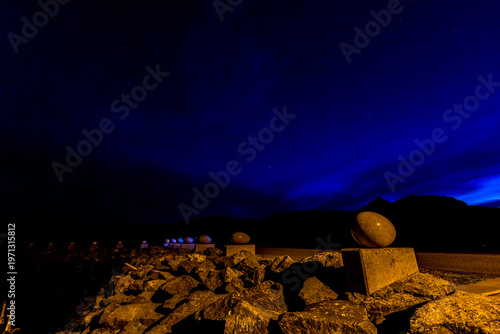 There are large stone eggs, street art, unfolds beneath the open sky across Eastern Iceland