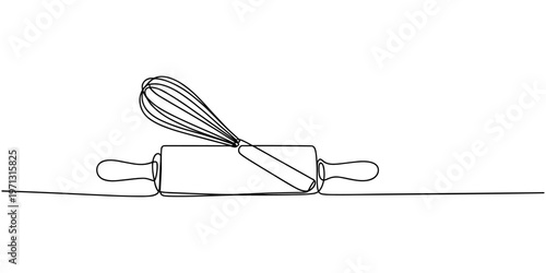 Whisk and rolling pin kitchen utensils vector one line continuous drawing illustration. Hand drawn linear cooking icon. Minimal outline design element, print,