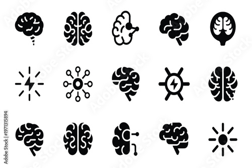 Set of black brain and neural network on a white background