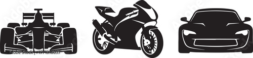 racing vehicles formula car race bike sports car silhouette set black.