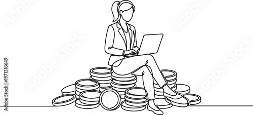 Female Entrepreneur Sitting on Coins with Laptop Continuous One Line Drawing