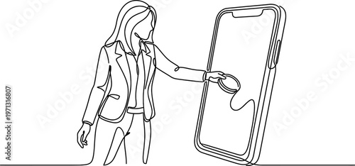 Digital Technology Concept Woman and Phone Continuous One Line Drawing