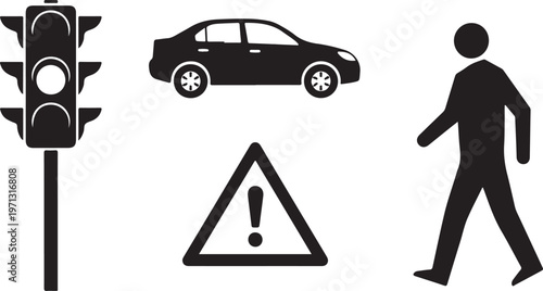 road safety car traffic light sign pedestrian silhouette set black