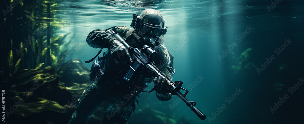 Fototapeta premium A portrait showcases a soldier in tactical gear against a backdrop of intense smoke effects