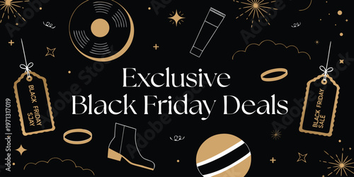 Stylish Black Friday Social Media Cover Featuring Dark Theme and Eye Catching Discount Elements. Creative Promotion Concept for Retail, Ecommerce and Seasonal Sales Campaigns.