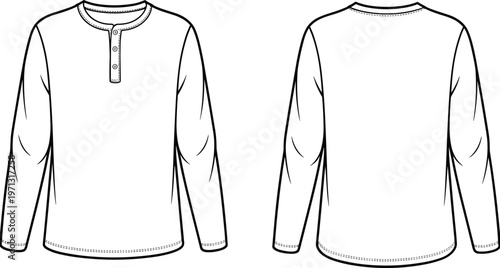 henley shirt long sleeve front back view outline vector fashion template clothing design apparel casual garment isolated